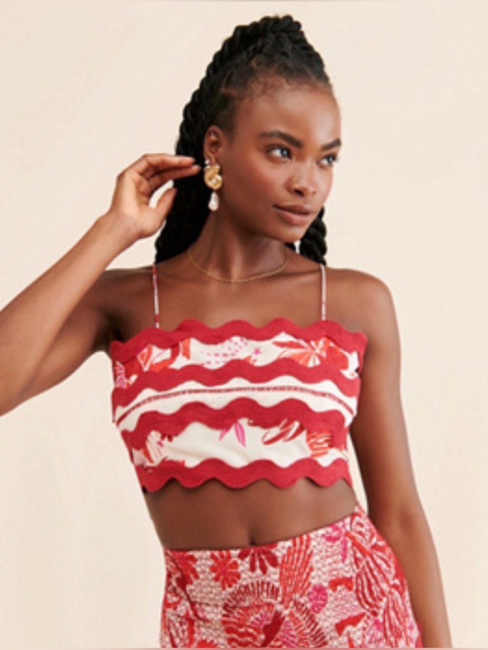 Farm Rio Women's Red Off-white Rio Tiles Crop Top Tie Back Blouse shirt Size XS